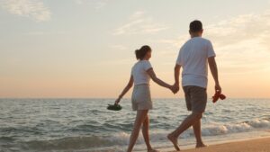 A couple holding hands and carrying their sandals while walking along the water's edge at sunset in Myrtle Beach. This romantic scene captures the peaceful and beautiful coastal atmosphere available to guests who book their getaway with Casago Myrtle Beach.